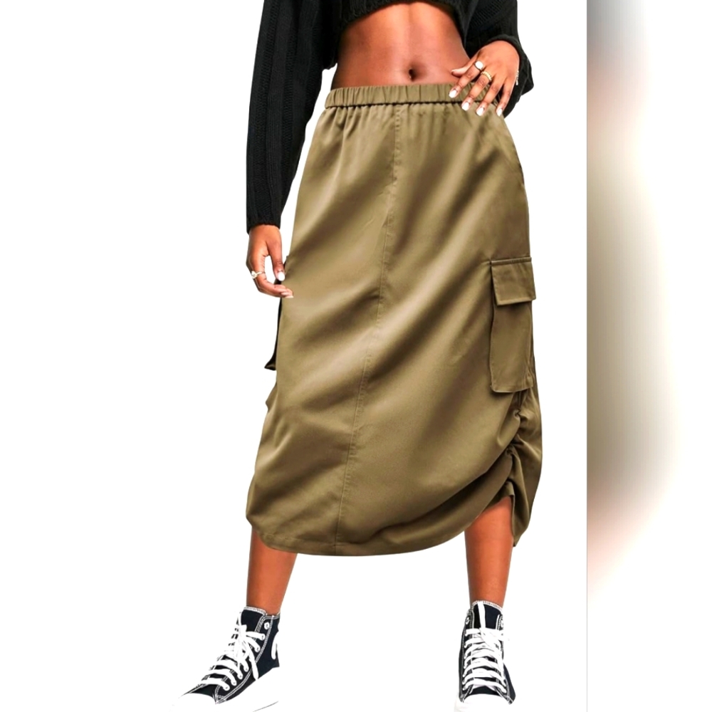 Y2k Cargo Long Skirt for Women Trendy High Waisted Vintage Slit Midi Skirt